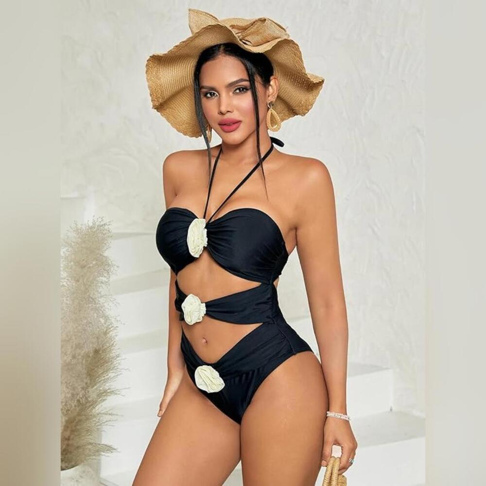 NWOT Beaudrm One Piece Halter Cut Out Flower Swimsuit, Small (4-6)